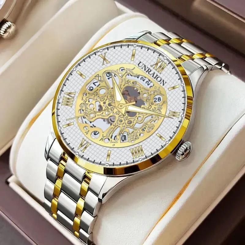 Men's Skeleton Dial Gold Silver Strap Watch 2mm