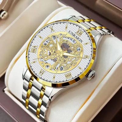 Men's Skeleton Dial Gold Silver Strap Watch 2mm